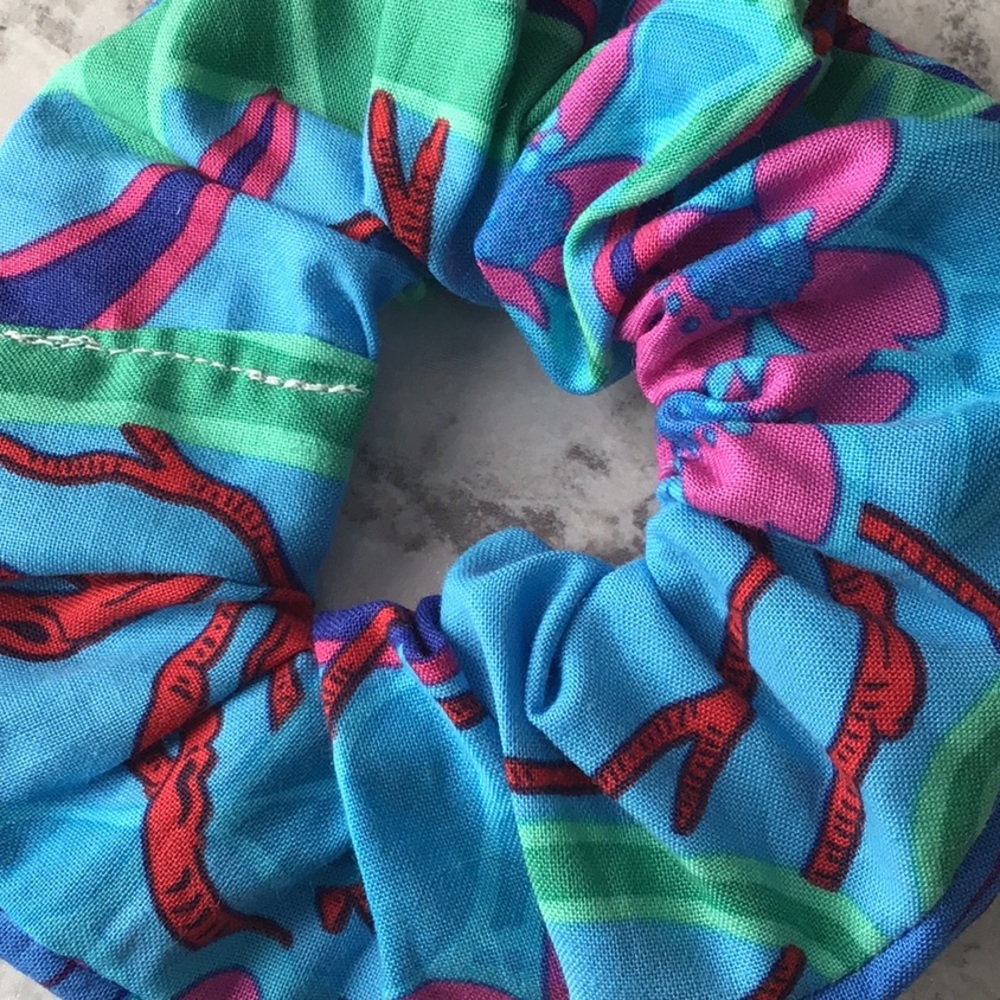 Abstract daffodil floral hair scrunchie blue green